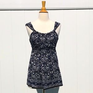 Max Edition Black/White/Blue Empire Waist Sleeveless Floral Print Top Size Med